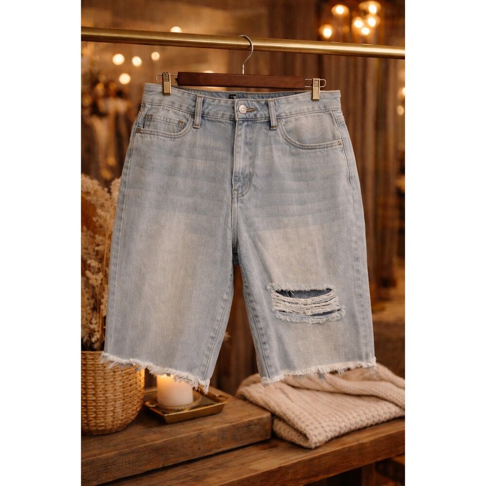 YMI Boyfriend Denim Shorts High Rise Distressed Raw Hem Blue 11 / 30 NWT Casual